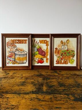 Set of 3 Framed Kitchen Art Prints — Dessert, Vegetable, Salad